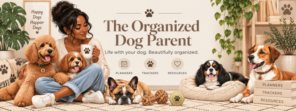 The Organized Dog Parent featuring a dog parent with several dogs, planner, trackers and pet organization.